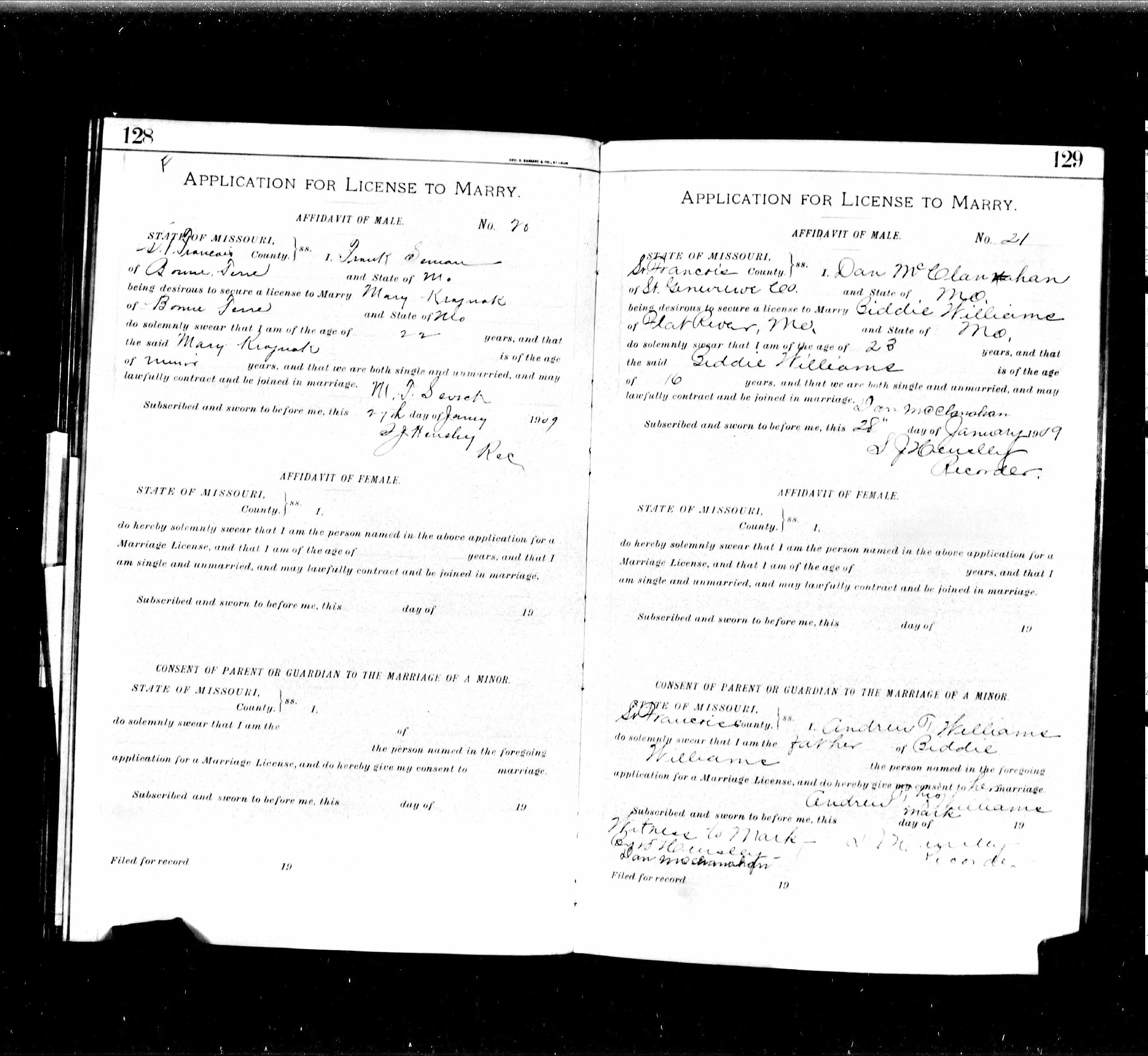 Missouri Marriage Application, Dan McClanahan and Biddie Williams