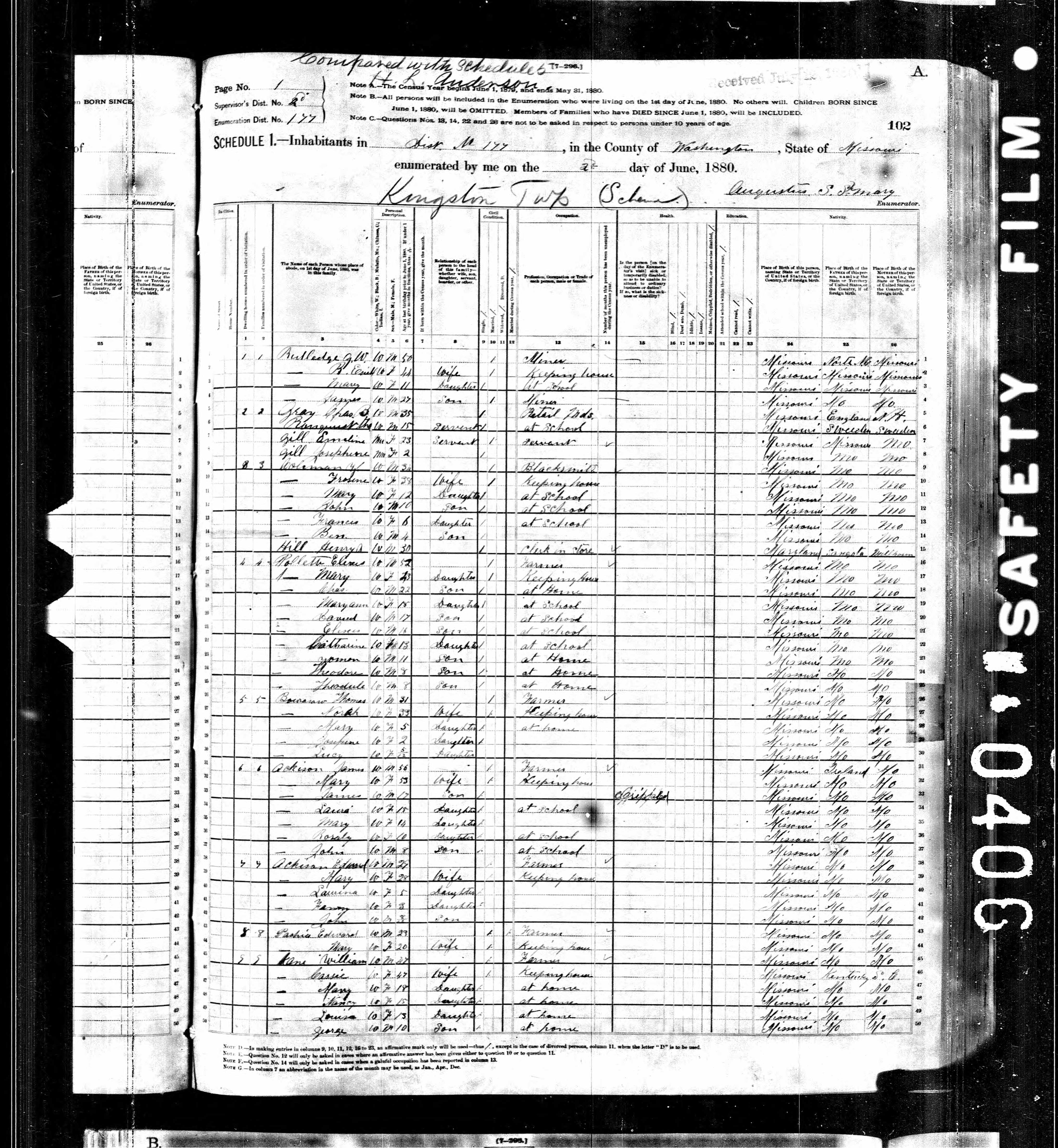 1880 Census, Kingston township, Washington township, Missouri