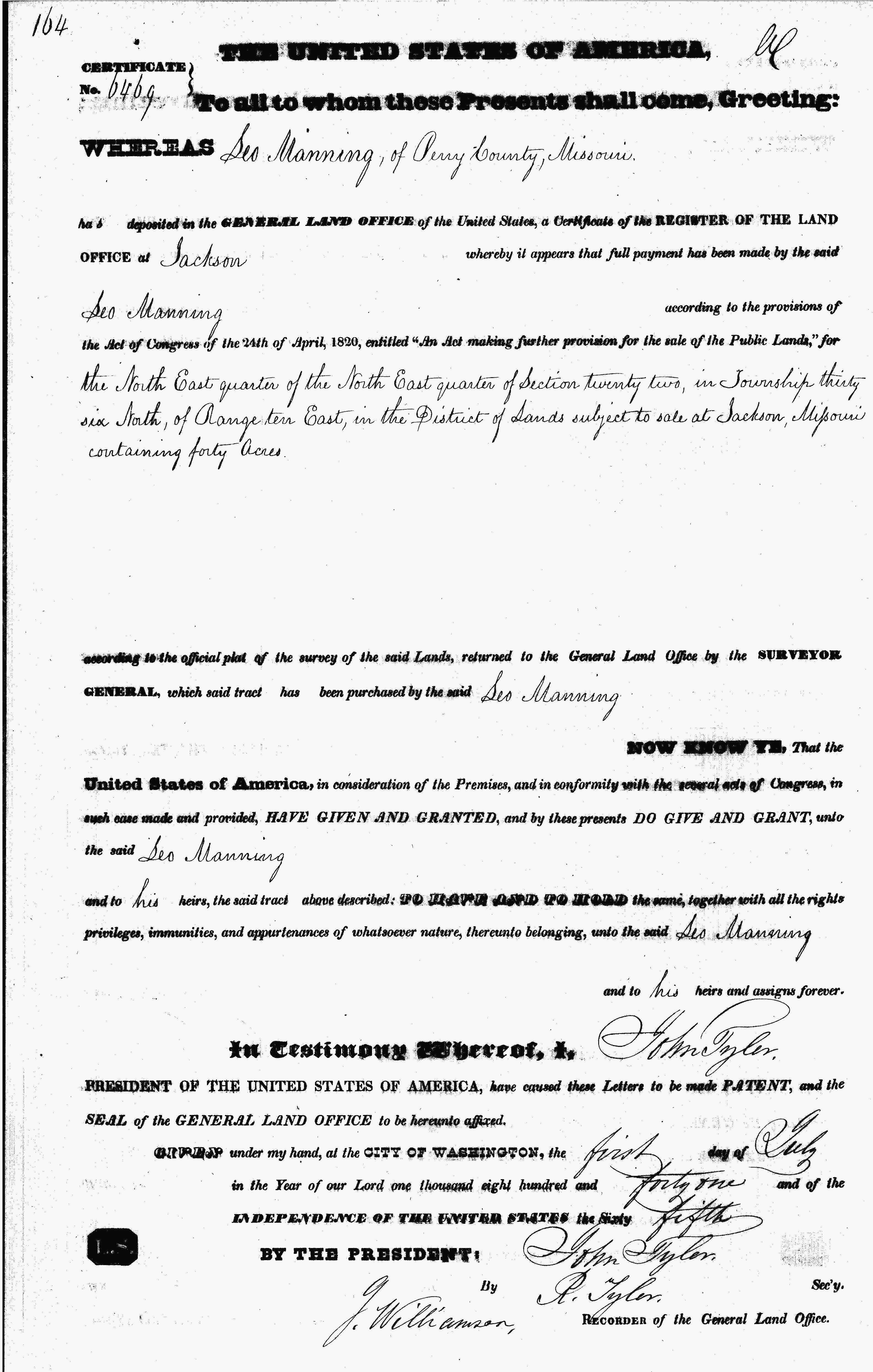U.S. General Land Office Record, Leo Manning