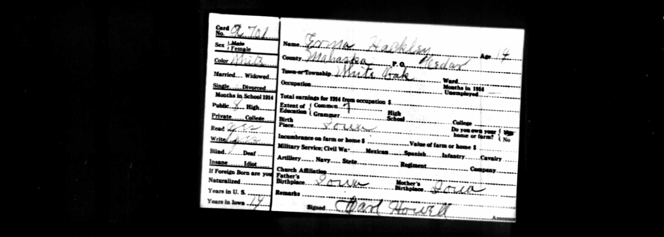 1915 Iowa Census, White Oak township, Mahaska county