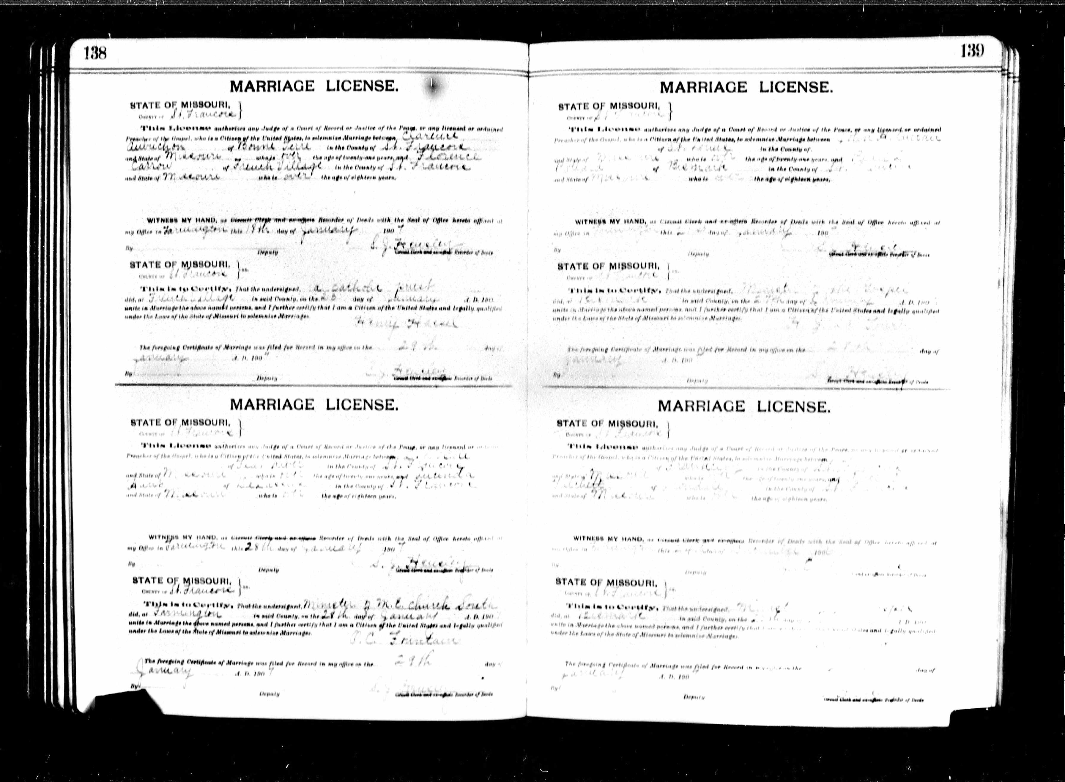 Missouri Marriage Record, Clarence Aubuchon and Florence Carrow